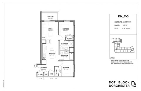 Floor plan for 2 beds, 2 baths, 805 sqft